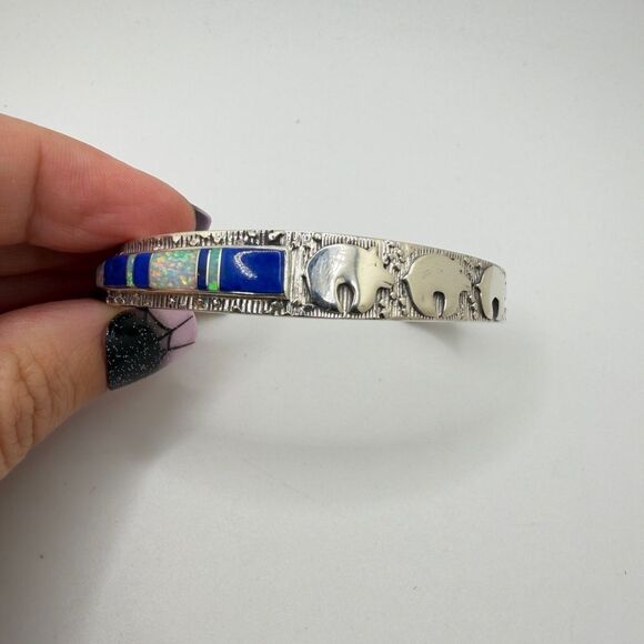 Amazing Vintage Possible Navajo Triple Bear, Lapis/Opal cuff bracelet in 925! - Picture 9 of 10